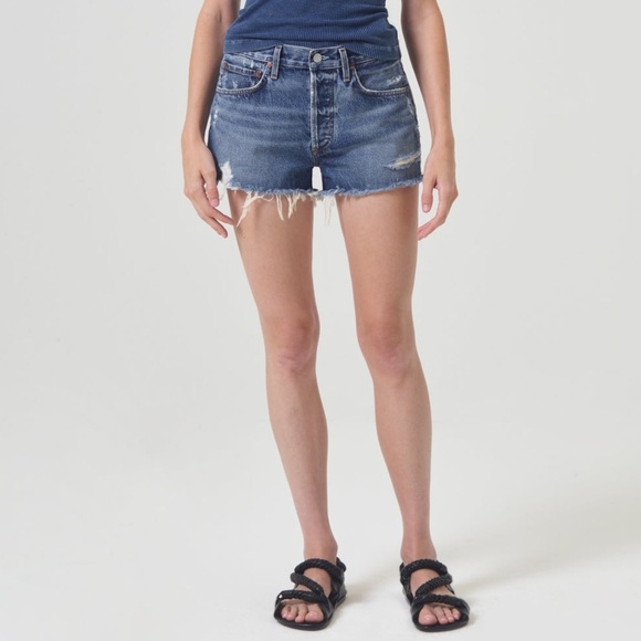 AGOLDE Parker Vintage High Rise Dark Swapmeet Blue Cut Off Jean Shorts EUC Sz 26 - Picture 1 of 12